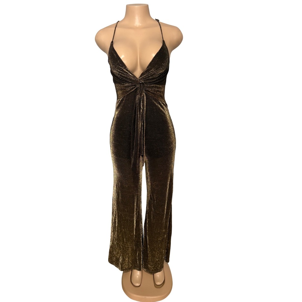 Windsor Gold Metallic Knotted Deep V-Neck Wide Leg Jumpsuit Small
